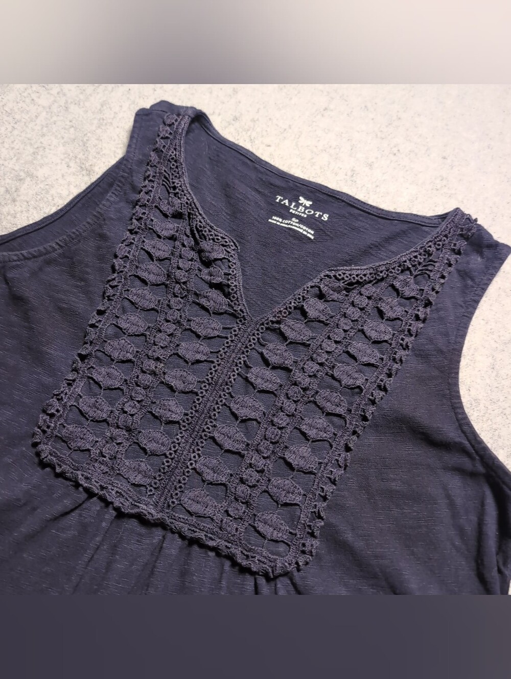 Talbots Petites Navy Blue Crochet Lace Yoke Tank Top Sleeveless Boho Summer Tee